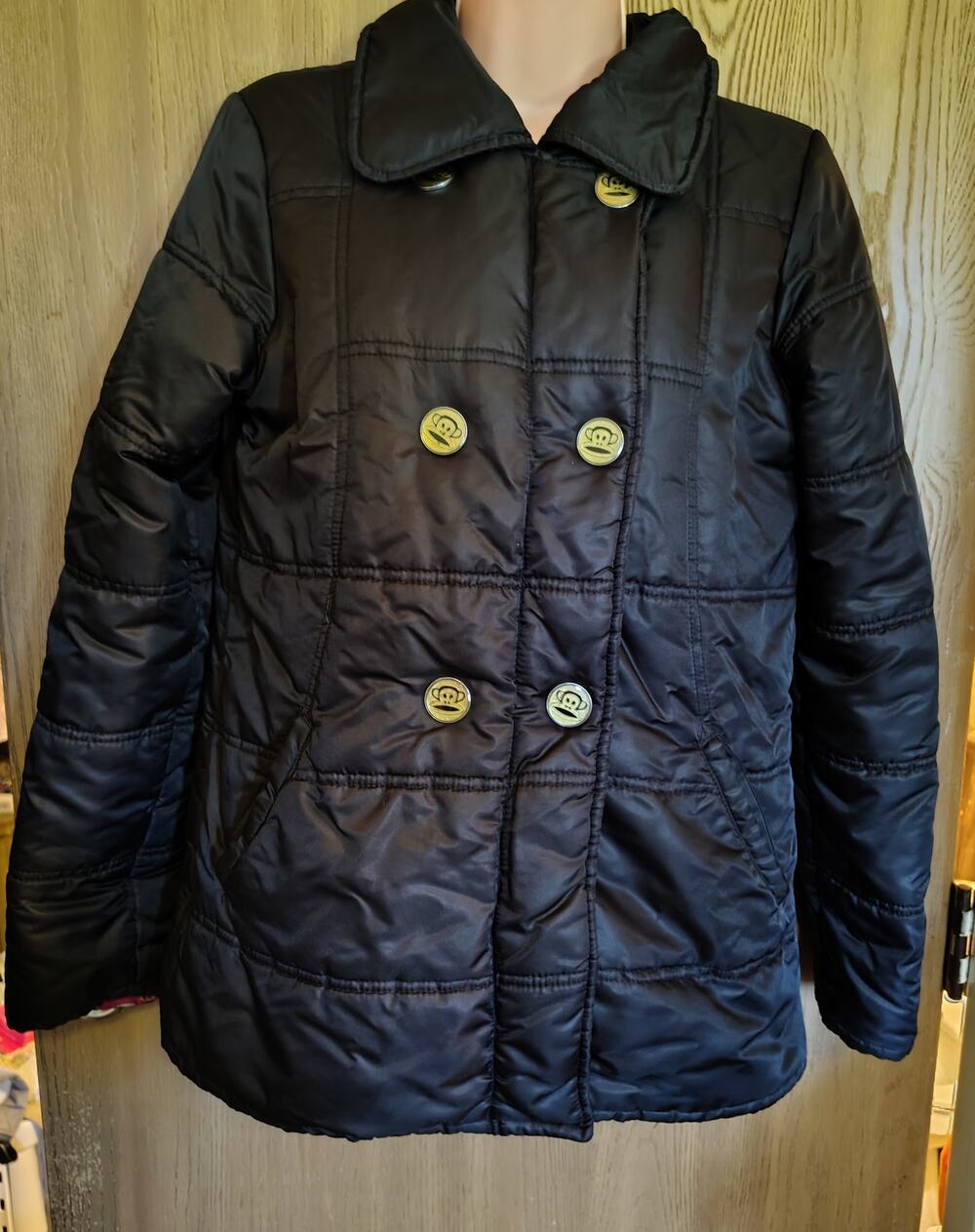 Paul Frank Black Puffer Jacket size M Double snap Button monkey Y2K